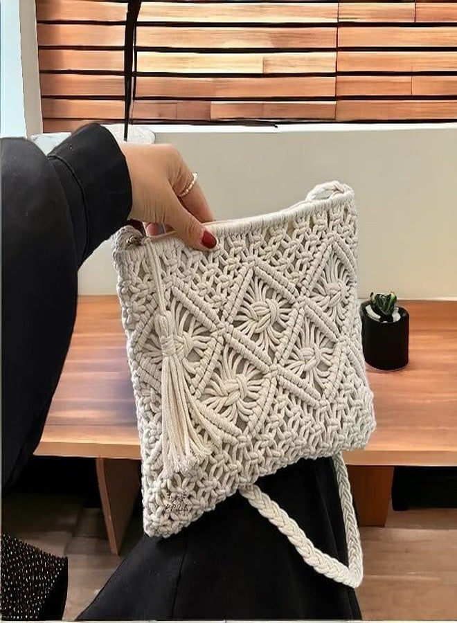 Urooz Womens Macrame Shoulder Bag, Knitting Handmade Weaving Handbag, Simple Hollow Beach Bag,Off- White - Size: Width 22 cm x Length 20cm Off White 1PIECE - Image 3